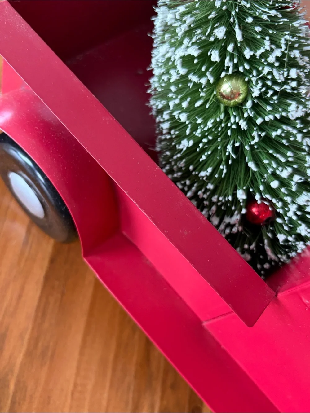 Red Holiday Metal Truck Decor with Wreath - Rustic Home Holiday Accent